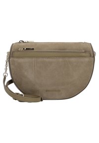 Grüne Wildleder-Crossbody-Tasche in Halbmondform mit zwei Reißverschlussfächern und abnehmbarem Kettenriemen. Glatte Textur mit minimalen Akzenten.