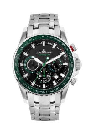 Zegarek chronograf Jacques Lemans z czarną tarczą, zieloną skalą tachymetru, trzema subtarczami, okienkiem daty oraz metalową bransoletą ze stali nierdzewnej.