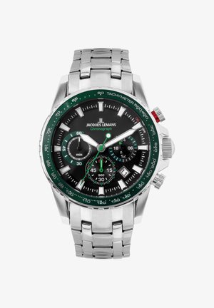 Jacques Lemans kronografur med sort urskive, grøn tachymeter bezel, tre delskiver, datovindue og rustfri stålflet armbånd.