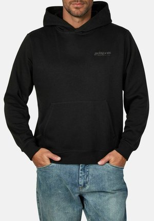 Black hoodie made of cotton blend fabric with a front pocket. Features ribbed cuffs and hem; small logo printed on the chest.