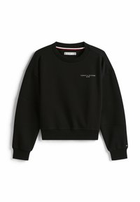 Sudadera recortada negra de cuello redondo con puños y dobladillo acanalados, que presenta un pequeño logotipo blanco de Tommy Hilfiger en el pecho y la manga.