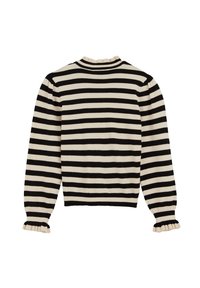 Maglione a righe bianche e nere in maglia con scollo rotondo, polsini a coste e bordo arricciato all' neckline, dotato di maniche lunghe e leggermente gonfie.