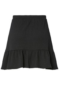 Minigonna nera testurizzata con fascia elastica in vita e dettaglio orlo arricciato.