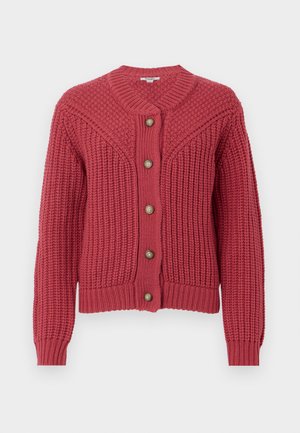 Cardigan lungo a maniche lunghe, in maglia chunky, con bottoni, di colore rosa polveroso, caratterizzato da motivi testurizzati e polsini e orlo a coste.
