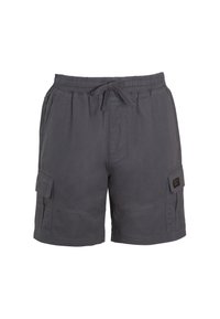 Graue Cargo-Shorts mit einem elastischen Bund und Kordelzug. Verfügt über zwei Seitentaschen und eine Cargo-Tasche mit Klappe.