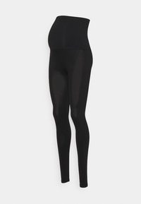 Leggings neri per maternità realizzati in un tessuto elastico e liscio, con un'alta vita per il supporto e una silhouette aderente. Senza motivi o dettagli.