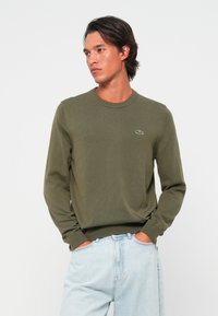 Olijfgroene gebreide trui met een ronde hals, ribbelmanchetten en een ribbelzoom. Bevat een klein Lacoste-logo op de linkerkant van de borst. Gecombineerd met lichtblauwe jeans.