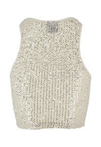 Korálkový crop top v krémové barvě se vrstvenými flitry, bez rukávů a mírně zaobleným výstřihem. Hladká textura s třpytivými akcenty.
