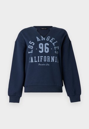 Tengerészkék pulóver bevágott nyakkivágással, bordázott mandzsettákkal, világoskék felirattal: "Los Angeles 96 California Paradise City".