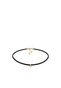Collar de cordón negro con un acento de perla de tono dorado suave. Cuenta con un cierre y una cadena ajustable para variar el tamaño.