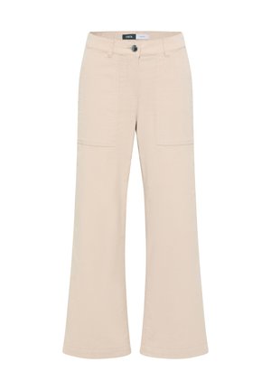 Beige vida byxor i vävd tyg, med knäppning, två framfickor och stitchade detaljer längs sömmarna.
