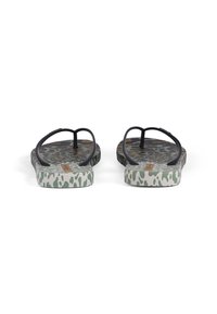 Green and beige flip-flops with camouflage pattern, black rubber straps, textured footbed, and flat sole.