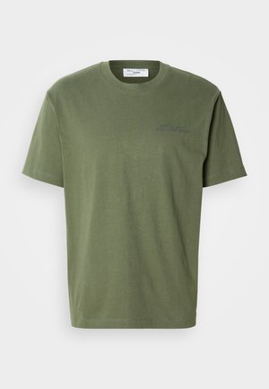 Olive green cotton T-shirt with short sleeves, a crew neckline, and subtle blue logo text printed on the front.