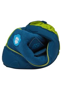 Türkis und limonengrüner Kletterschuh mit strukturiertem Obermaterial, verstellbarem Riemen und einer Gummisohle mit hexagonalem Muster für besseren Halt.