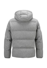 Graue Daunenjacke mit Kapuze, die ein gestepptes Design, weichen Textur und gerippte Bündchen aufweist. Die Rückansicht hebt die plüschige Polsterung hervor.