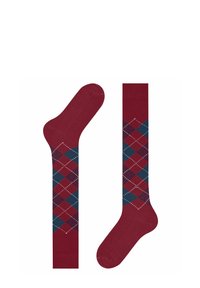 Burgunderfarbene Socken mit einem Argyle-Muster in blauen, lila und weißen Rauten. Eine Socke aufrecht präsentiert, die andere flach ausgelegt.