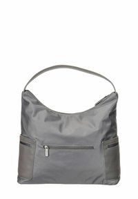 Sac à épaule en nylon gris à la texture lisse, doté de deux poches avant zippées et d'une forme arrondie. Bandoulière réglable incluse.
