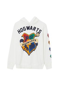 Felpa bianca con un design colorato del creatore di "Hogwarts" e vari emblemi delle case sulle maniche, con una classica tasca a canguro anteriore.