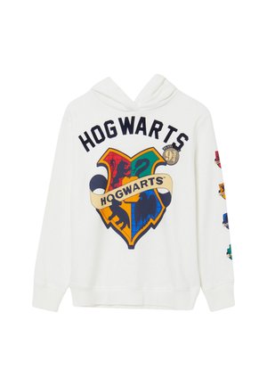Hoodie blanc présentant un motif coloré du blason de "Poudlard" et divers emblèmes des maisons sur les manches, avec une classique poche kangourou à l'avant.