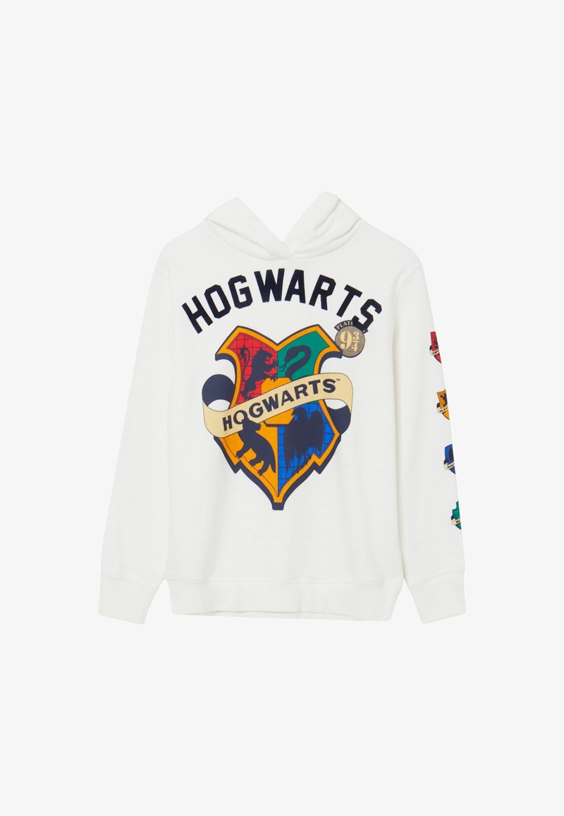 Felpa bianca con un design colorato del creatore di "Hogwarts" e vari emblemi delle case sulle maniche, con una classica tasca a canguro anteriore.