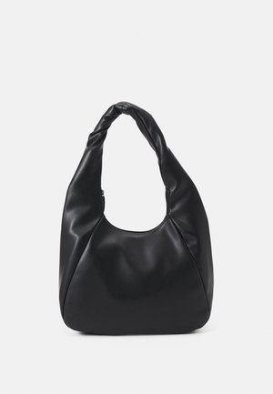 Black hobo bag made of smooth leather-like material with a twisted handle, featuring a soft, rounded shape and a top zipper closure.