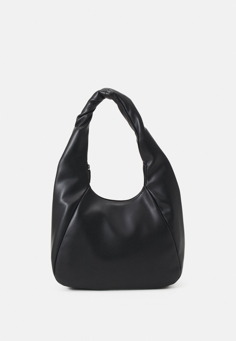 Black hobo bag made of smooth leather-like material with a twisted handle, featuring a soft, rounded shape and a top zipper closure.
