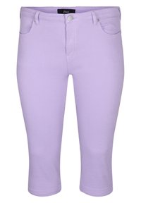 Lilac capri-housut joustavasta kankaasta, joissa on viisi taskua, napitus ja sileä pinta tyylikkäällä muotoilulla.