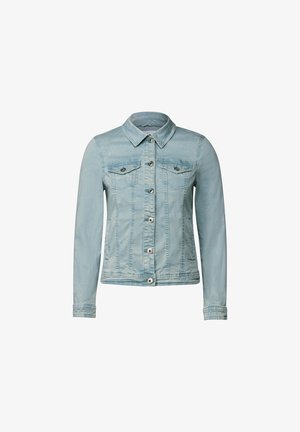 Lys blå denimjakke med lange ærmer, knaplukning foran, to brystlommer og en klassisk krave. Slidt tekstur og syningsdetaljer.