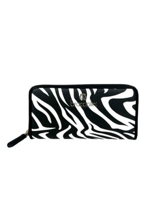 Portefeuille noir et blanc à motif zèbre avec une finition en cuir texturé, muni d'une fermeture éclair et d'un accent en matériel doré de marque.