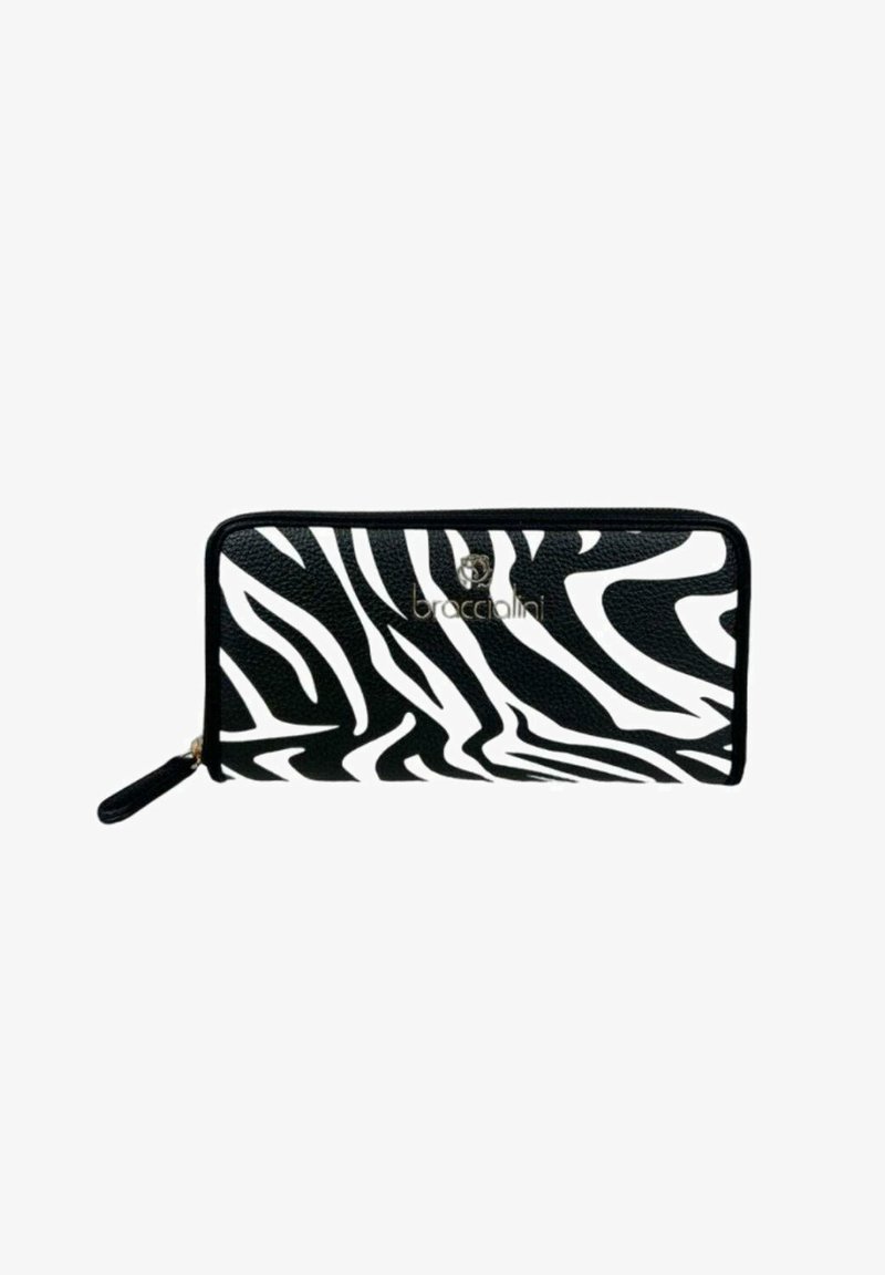 Portafoglio in stampa zebra bianco e nero con una finitura in pelle testurizzata, dotato di chiusura con zip e un accento in hardware dorato con logo.