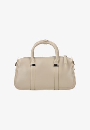 Beige leren handtas met twee bovenhandvatten, rechthoekige vorm, zilverkleurige hardware-accenten en een ritssluiting aan de bovenkant. Glad oppervlak.