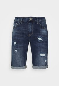 Denim shorts in dark blue with distressed details, featuring rips and frayed edges. Rolled cuffs and button fastening at the waist.