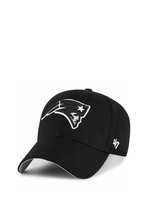Black baseball cap with New England Patriots logo in white and gray on front, and a small white '47' embroidered on the side.