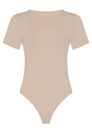 Body nude à manches courtes, décolleté rond et fermeture à pression au niveau du bas. Tissu lisse et extensible avec une coupe ajustée.