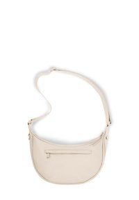Borsa a tracolla beige con un design curvo, realizzata in materiale testurizzato, dotata di una tasca esterna con cerniera e di una tracolla regolabile.