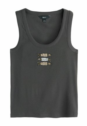 Dark gray sleeveless ribbed tank top with three decorative beaded fish in the center, one white fish between two beige fish.