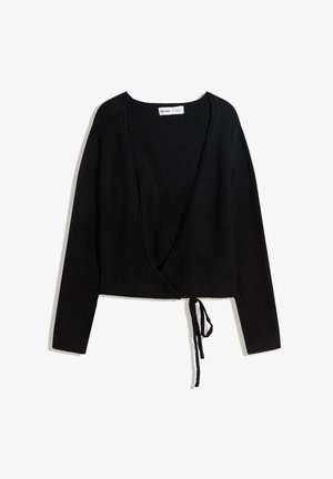 Cardigan nero avvolgente con maniche lunghe, scollo a V profondo e dettaglio con laccio regolabile in vita. Tessuto morbido, design casual.