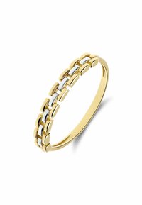 Gouden ring met een schakels ontwerp bestaande uit afwisselend platte en gebogen segmenten. Glad oppervlak met een gepolijste afwerking.
