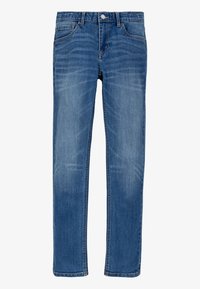Jeans de denim azul con un diseño de pierna recta. Cuenta con un cierre de botón, estilo de cinco bolsillos y patrones de desgaste sutiles a lo largo de la tela.