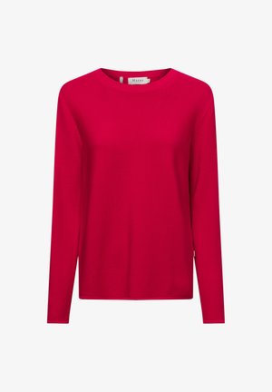 Rotes Oberteil mit langen Ärmeln und Rundhalsausschnitt, aus geripptem Stoff gefertigt. Hat eine reguläre Passform und ein kleines Etikett an der Seite. Glatte Textur.