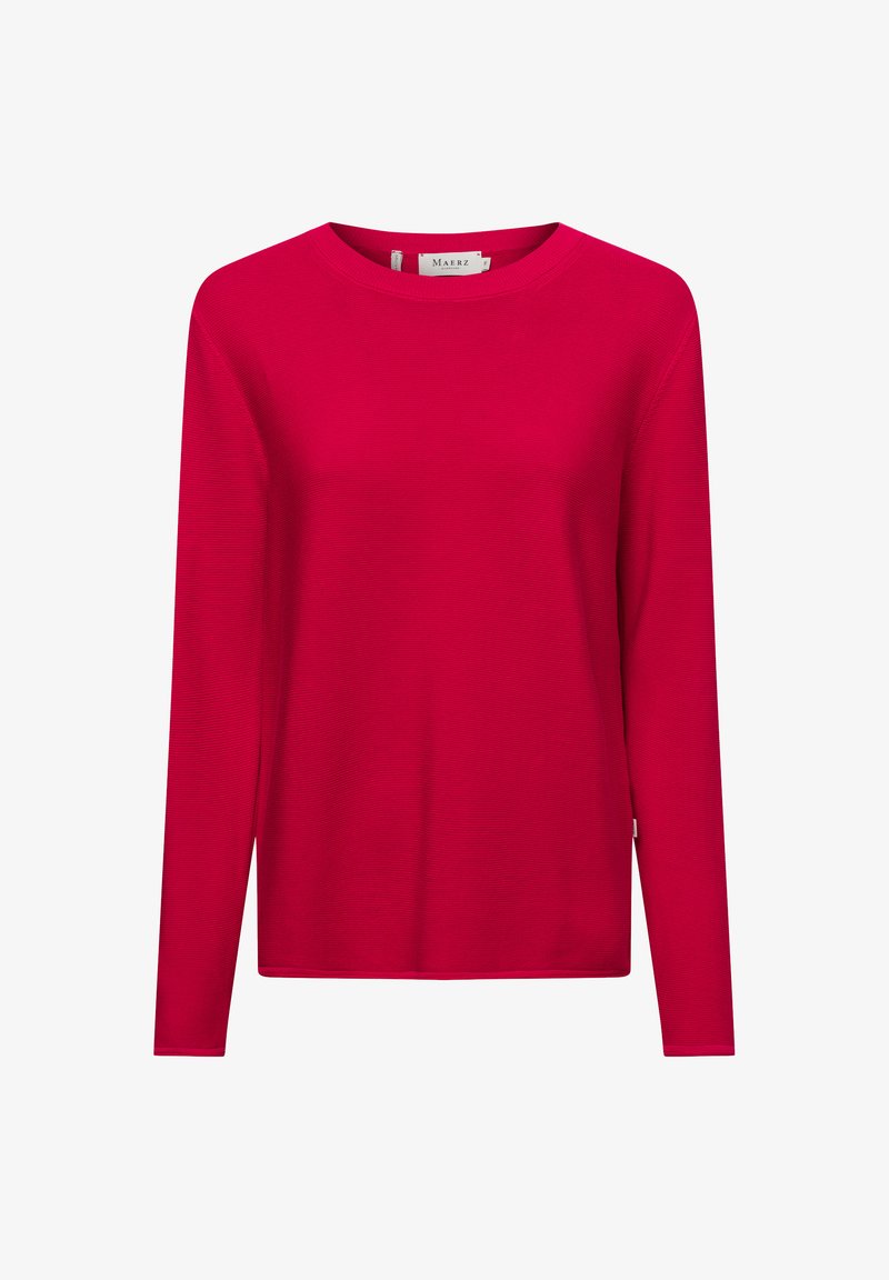 Rotes Oberteil mit langen Ärmeln und Rundhalsausschnitt, aus geripptem Stoff gefertigt. Hat eine reguläre Passform und ein kleines Etikett an der Seite. Glatte Textur.