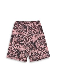 Pantalones cortos de tela de estampado rosa y negro que presentan varios gráficos, incluyendo texto e imágenes, con un corte relajado y cinturilla elástica.