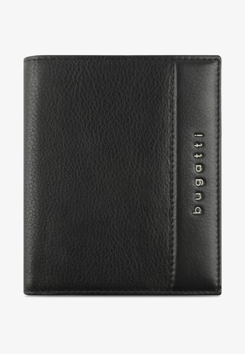 Black leather wallet featuring a textured finish, neat stitched edges, and embossed brand name on the side in silver lettering.