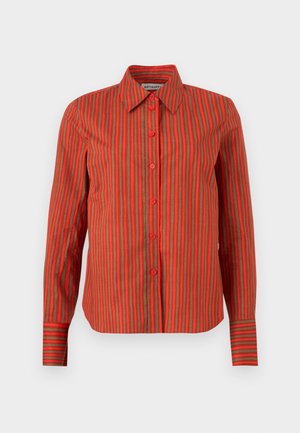 Red and brown vertical striped long-sleeve shirt with buttons down the front and a pointed collar.