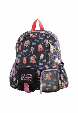 Black backpack with colorful Kpop Demon Hunters cartoon characters, purple and red accents, front pockets, and a top red handle.