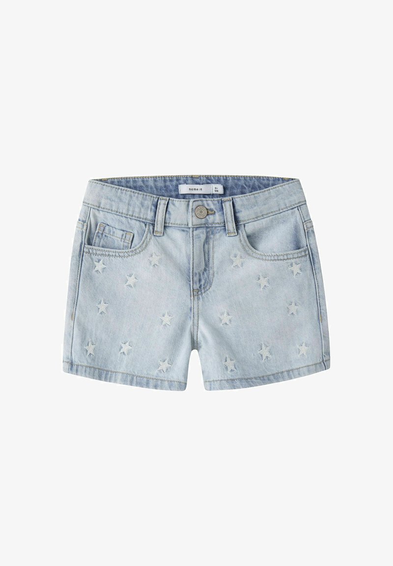 hele sinised teksaspüksid õmmeldud tähemustritega, ees nööp, vööaasad ning ees ja münditaskud.