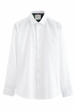 Camicia bianca a maniche lunghe con bottoni, realizzata in tessuto liscio, dotata di un colletto classico e di un leggero motivo testurizzato su tutta la superficie.