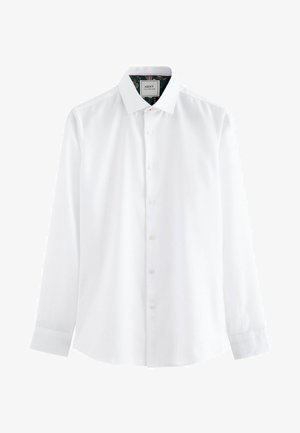 Camicia bianca a maniche lunghe con bottoni, realizzata in tessuto liscio, dotata di un colletto classico e di un leggero motivo testurizzato su tutta la superficie.