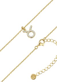 Zlatna lančić sa privjeskom koji prikazuje simbol Bika, obasjanog prozirnim kristalima. Ima kopču na školjku i podesivu duljinu.