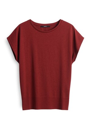 Rode top met korte mouwen gemaakt van zachte stof. Kenmerkt een ronde halslijn en een ribgebreide zoom voor een ontspannen pasvorm. Eenvoudig ontwerp zonder patronen.